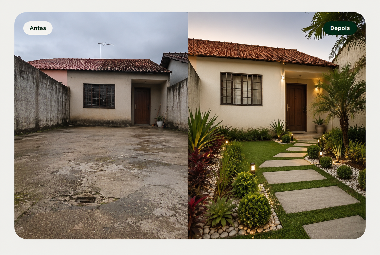 Antes e depois de uma casa com jardim