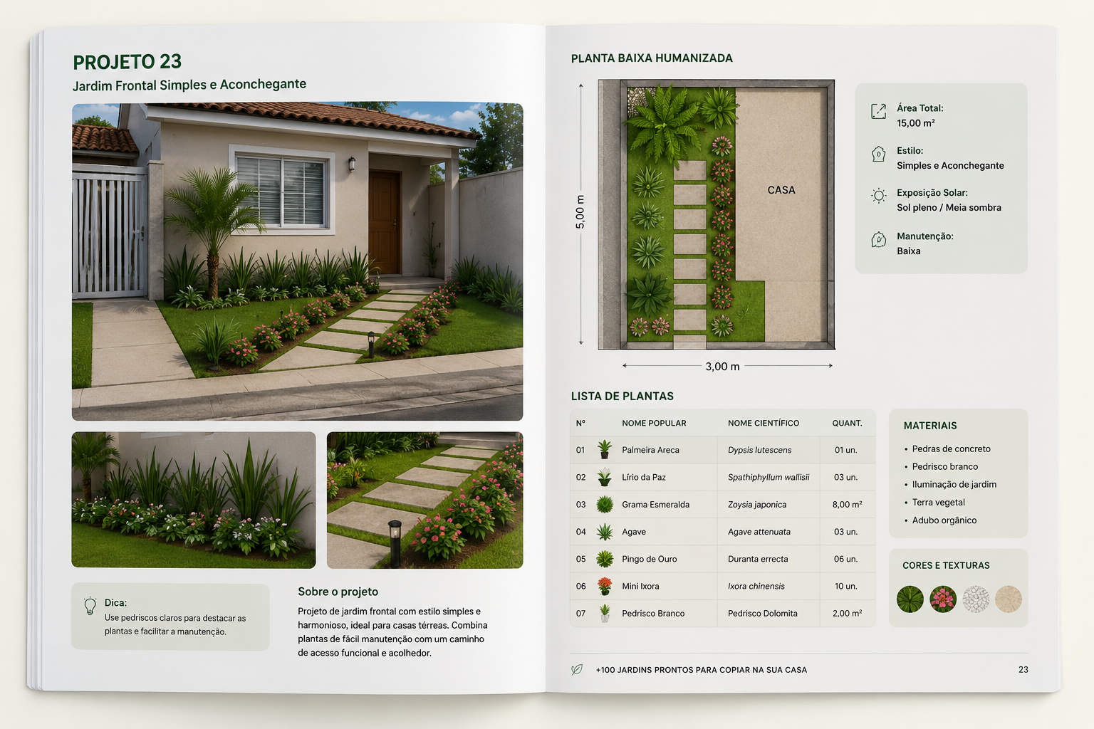 Exemplo de projeto — jardim frontal simples e aconchegante com planta baixa humanizada