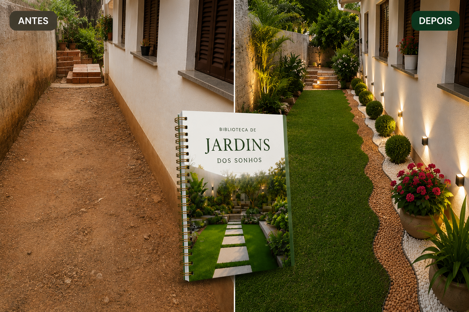 Antes e depois de um jardim transformado com a Biblioteca