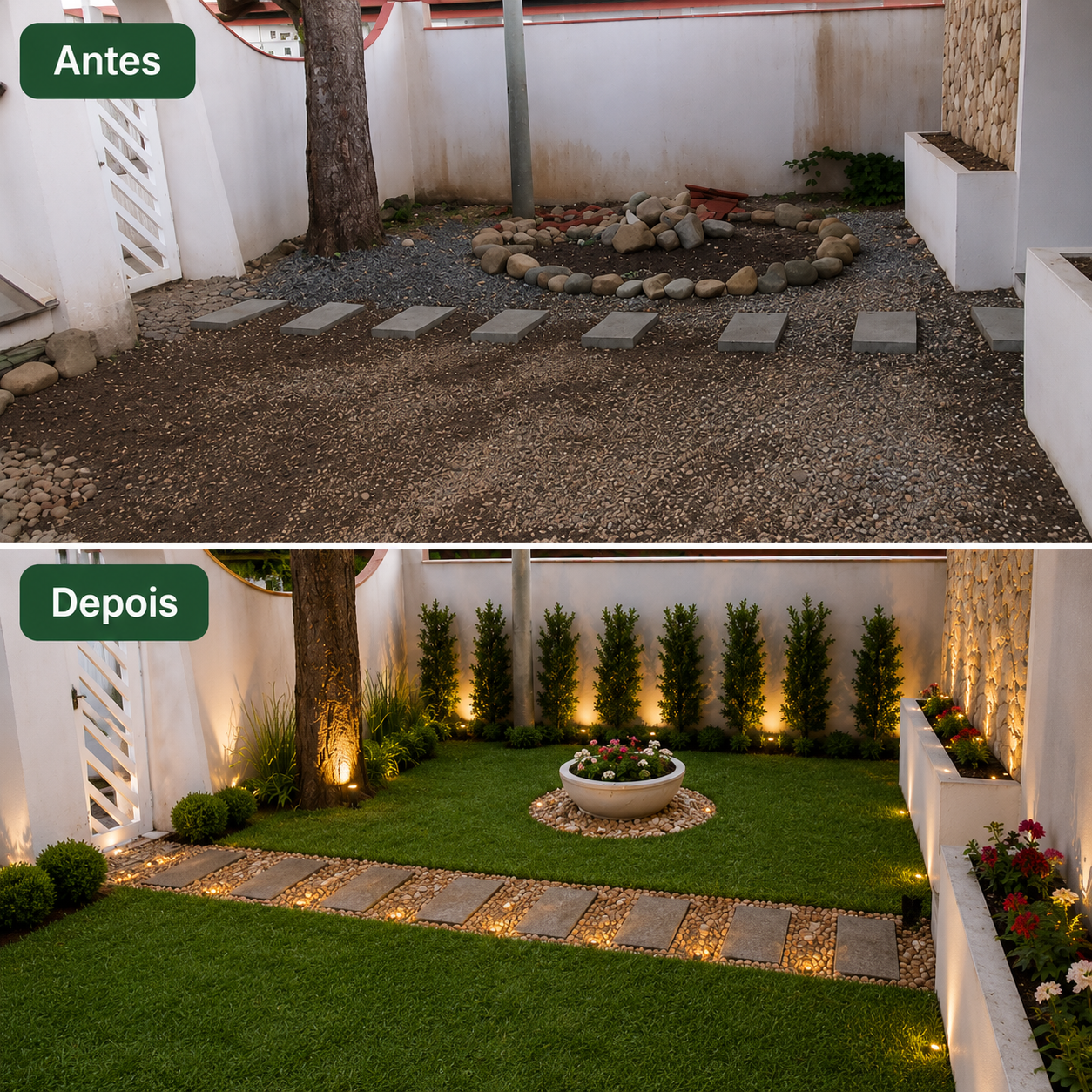 Antes e depois de jardim com gramado, arbustos e canteiro central