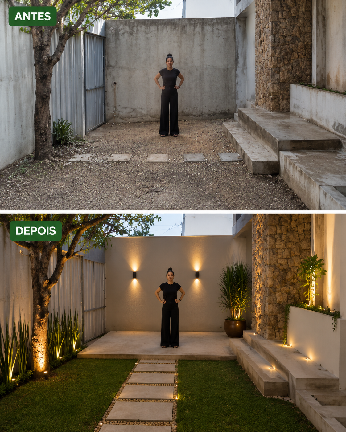 Antes e depois de quintal com iluminação e caminho de pedras