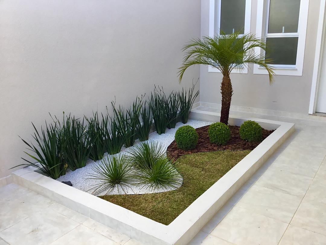 Jardim frontal moderno com palmeira e canteiro geométrico